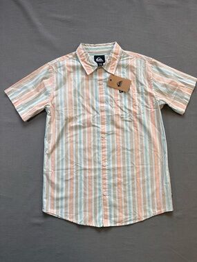 Quiksilver Boys Short-Sleeve Stripe Button-Up Shirt in Peach/Blue